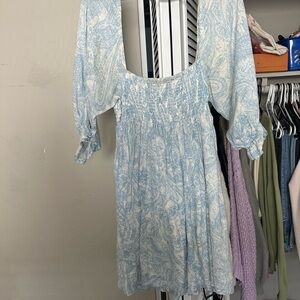 Faithfull the Brand Light Blue Paisley Long Sleeve Dress